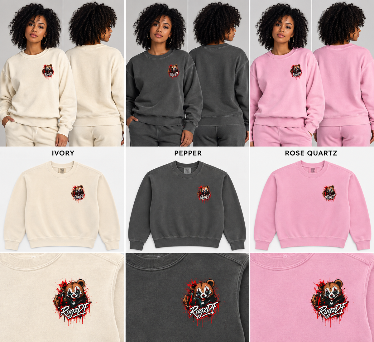 RugzDF Women’s Garment-Dyed Crewneck Sweatshirt — Bear Graphic