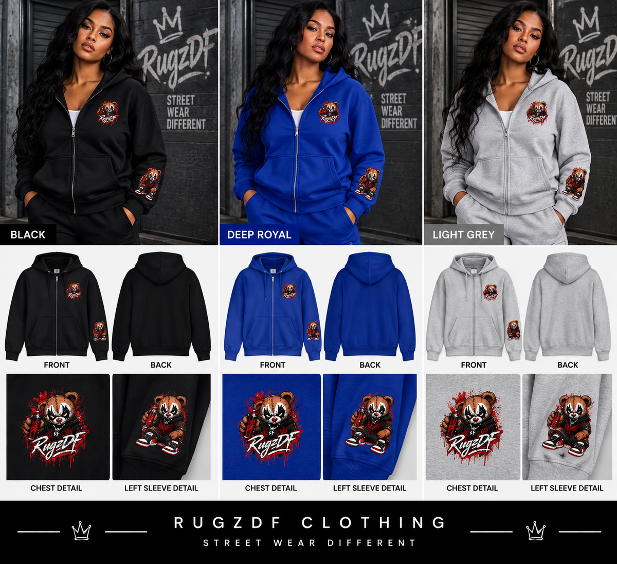 RugzDF Women’s Full-Zip Hoodie – Bear Chest & Sleeve Graphic